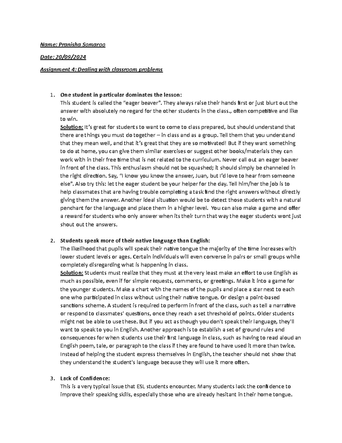 Assignment 4: Strategies for Addressing Classroom Challenges - Studocu