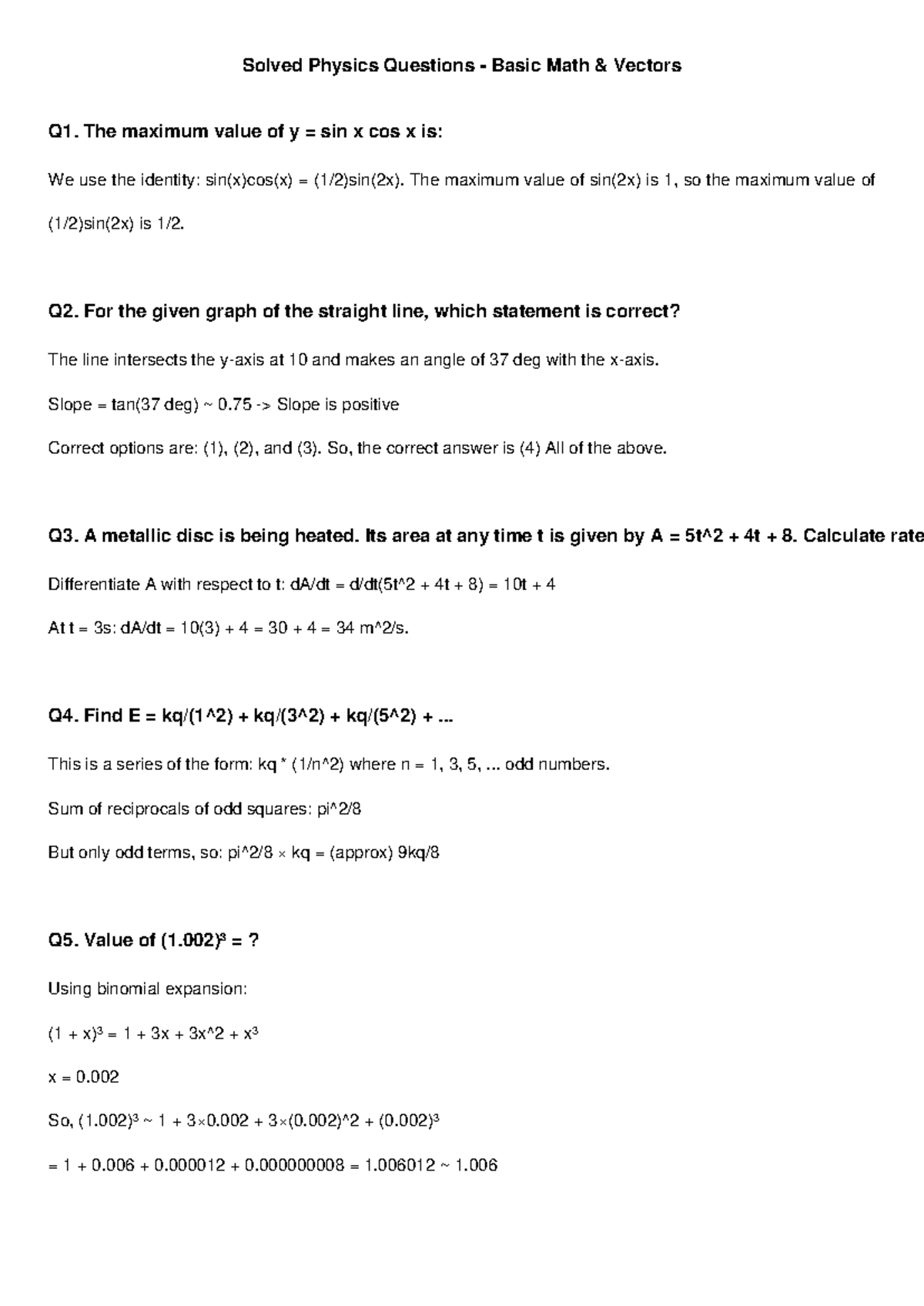 Solved Physics Questions Allen: Basic Math & Vectors Q1-Q5 - Studocu