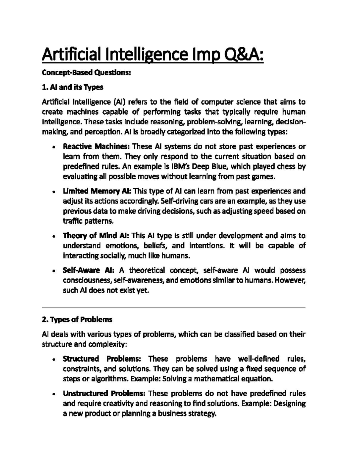 AI Imp Questions: Types, Problems, and Solutions - Studocu
