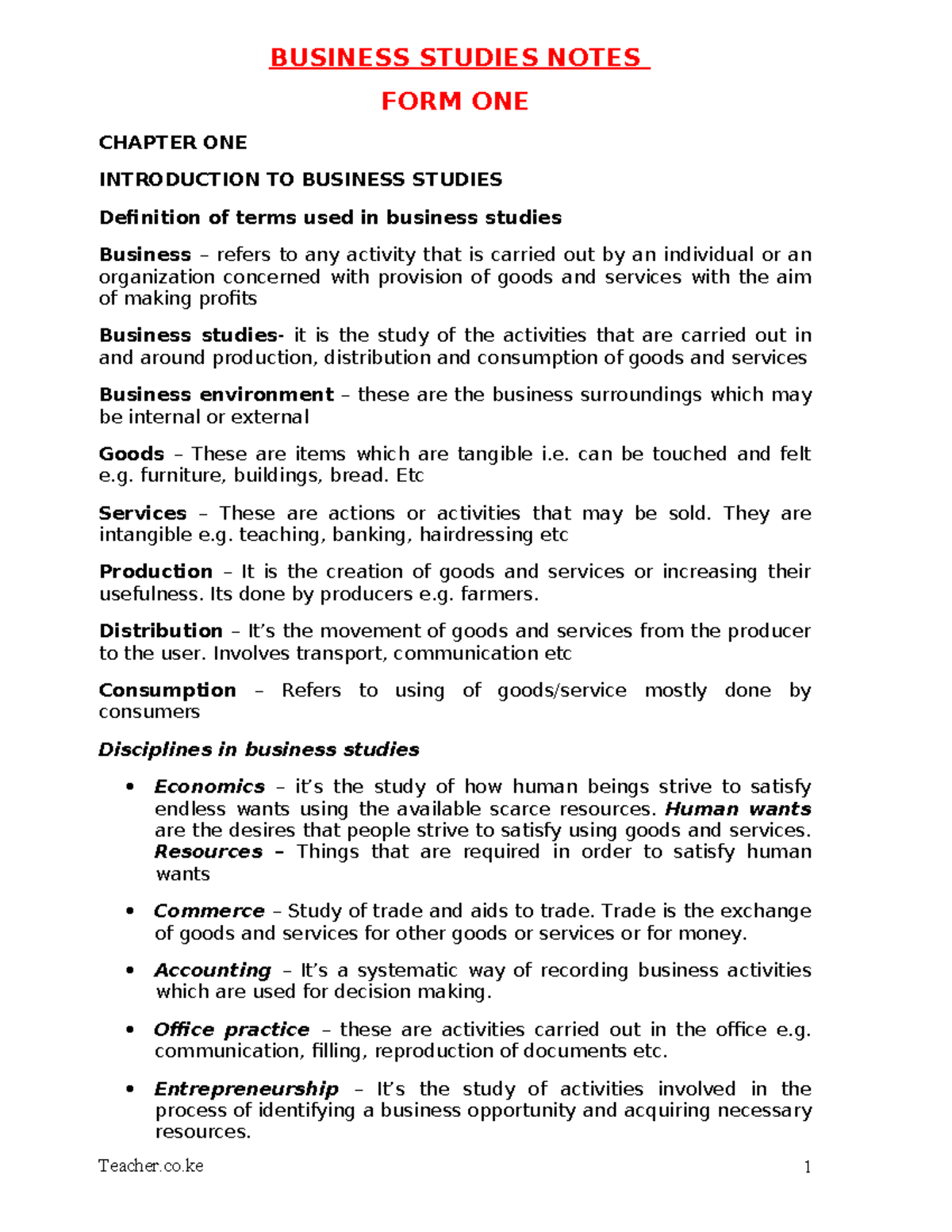 Business Studies Notes F1: Introduction to Business Concepts and ...