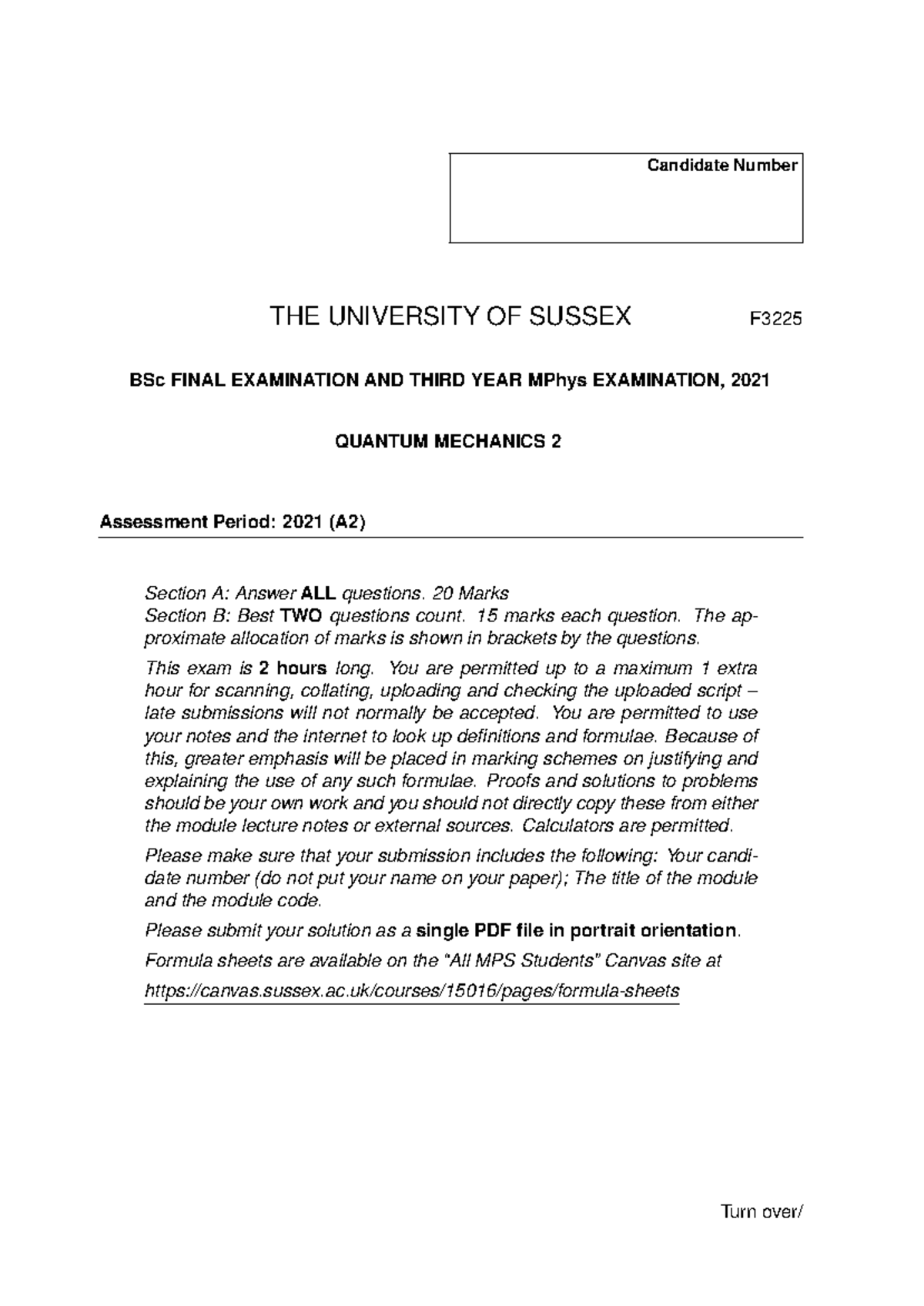 2021 F3225 Final Exam Paper for Quantum Mechanics 2 - Studocu