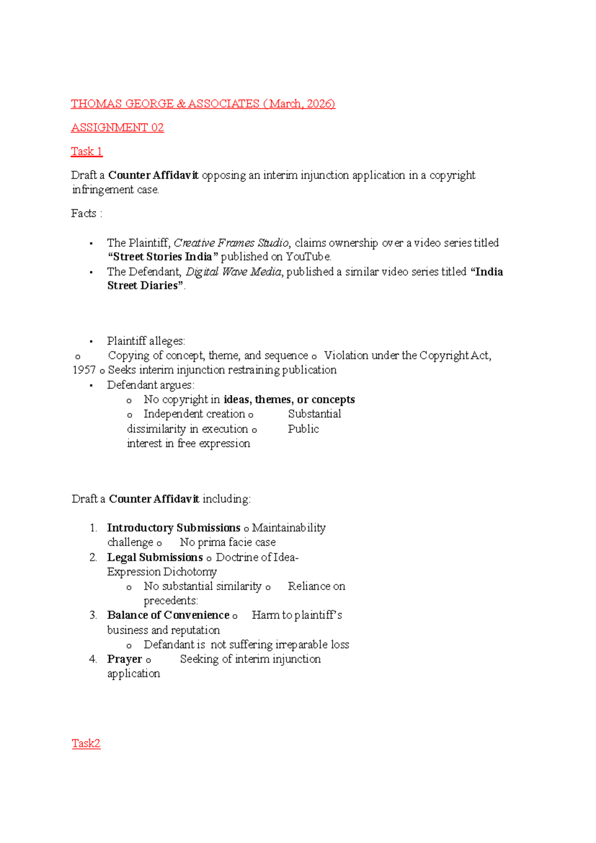 Corr. Assignment 02 - Counter Affidavit Draft for Copyright Case - Studocu