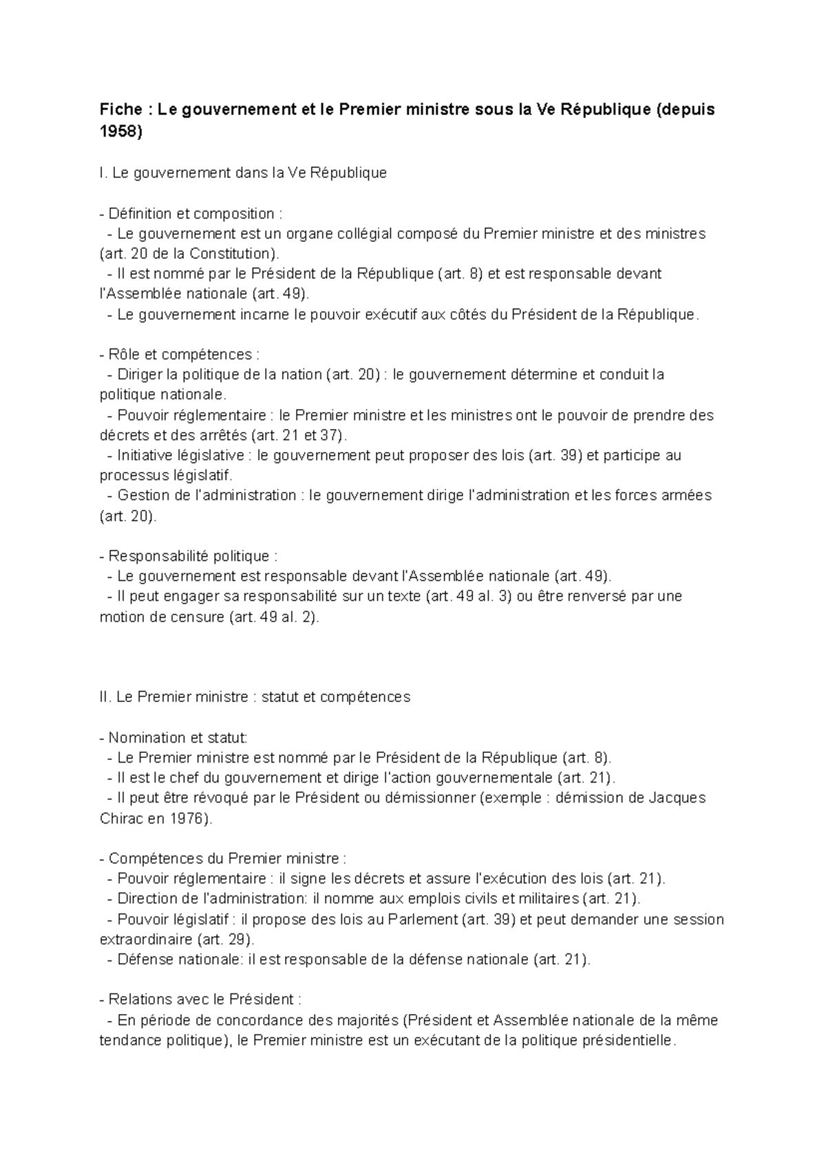Fiche de révision sur le gouvernement et le Premier ministre (Ve ...