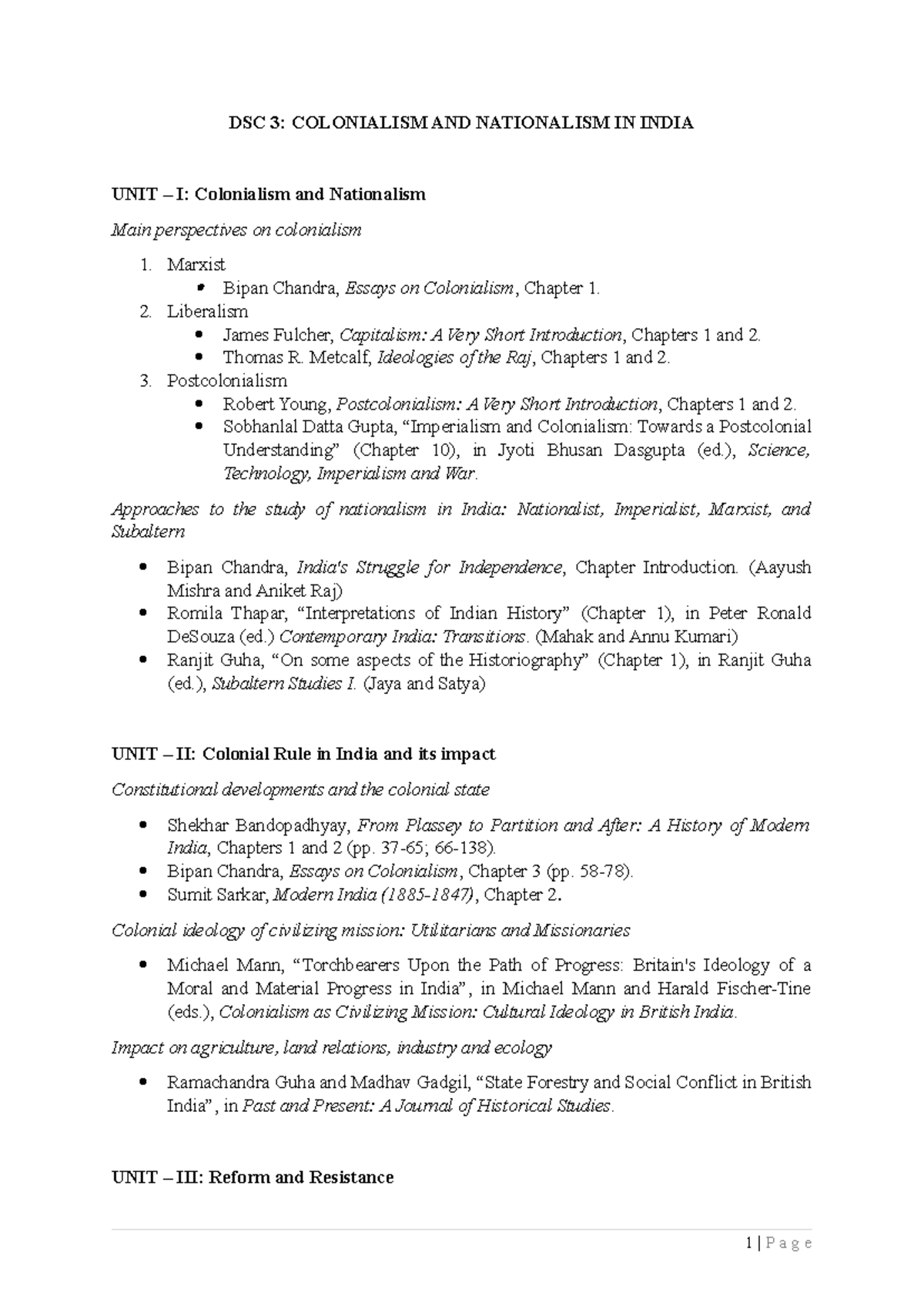 Readings CNI BA (H) SEM I - DSC 3: COLONIALISM AND NATIONALISM IN INDIA ...