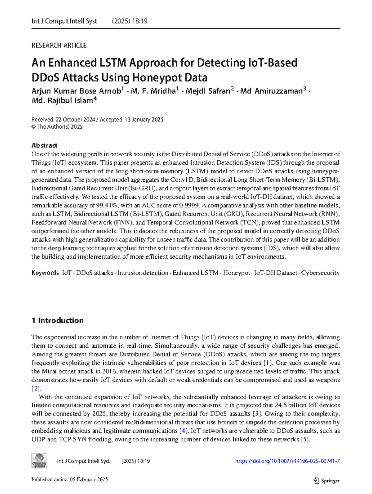 Enhanced LSTM Model for DDoS Attack Detection in IoT Systems (S44196 ...