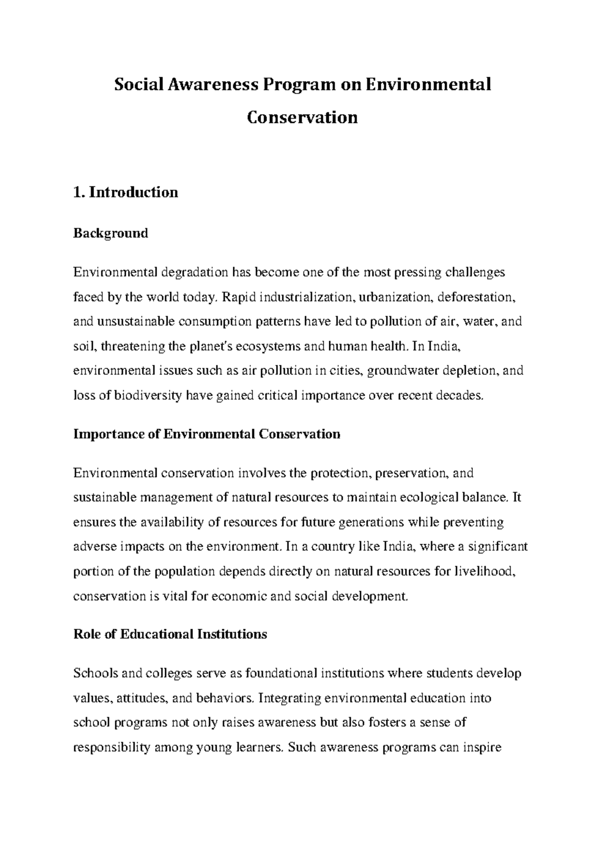 Social Awareness Program on Environmental Conservation: A Comprehensive ...