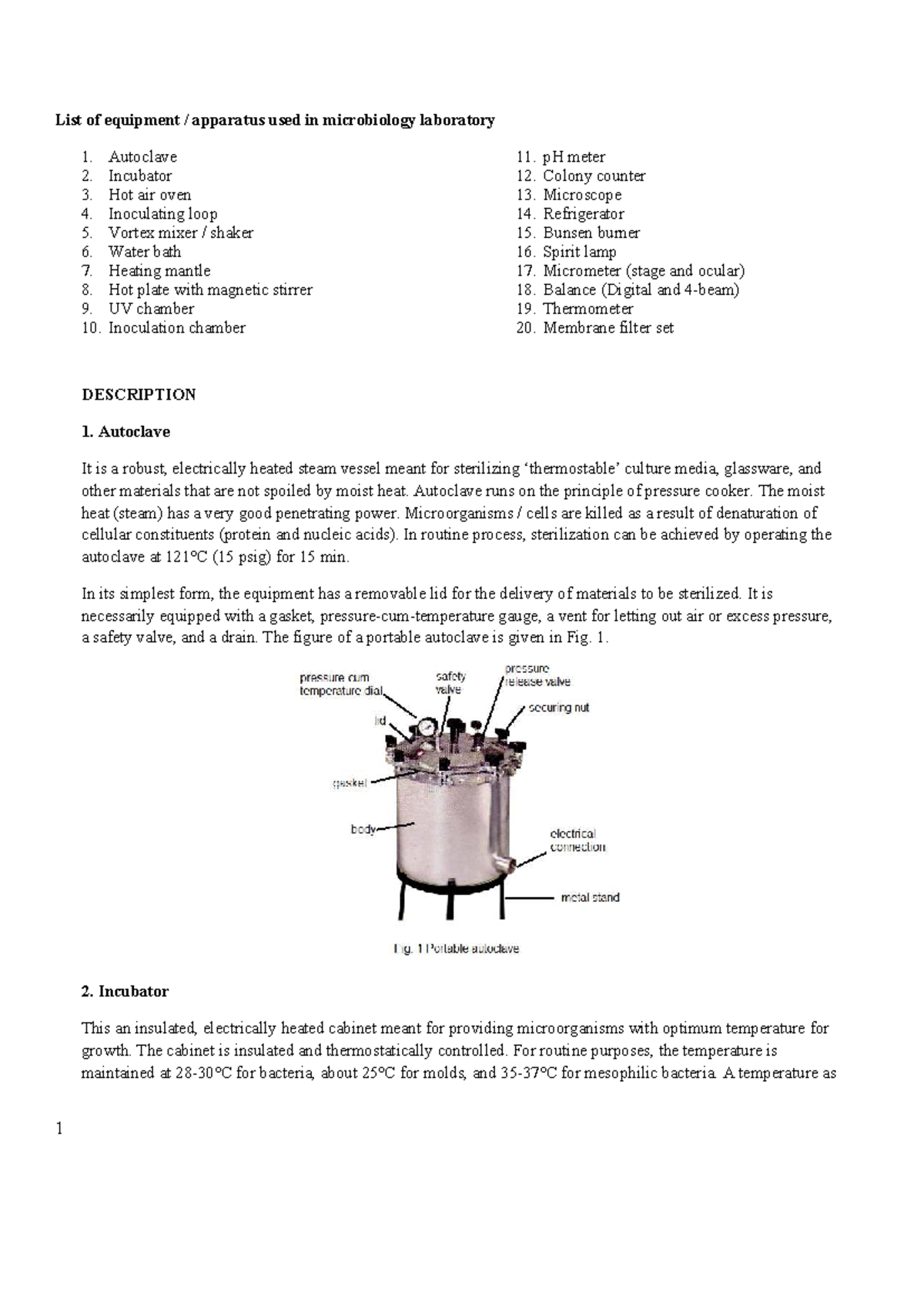Microbiology Lab Equipment List (Course Code: 132) - Studocu