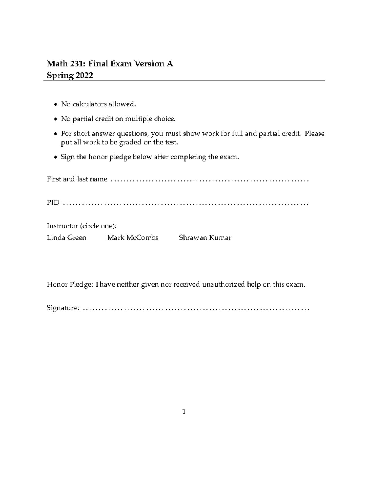 Math 231: Final Exam Version A - Spring 2022 Guidelines - Studocu