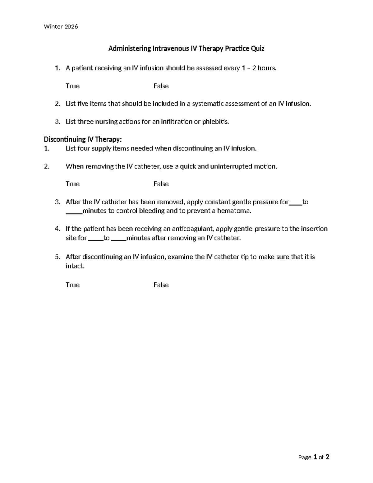 Winter 2026 IV Therapy Practice Quiz 1: Key Assessment Questions - Studocu