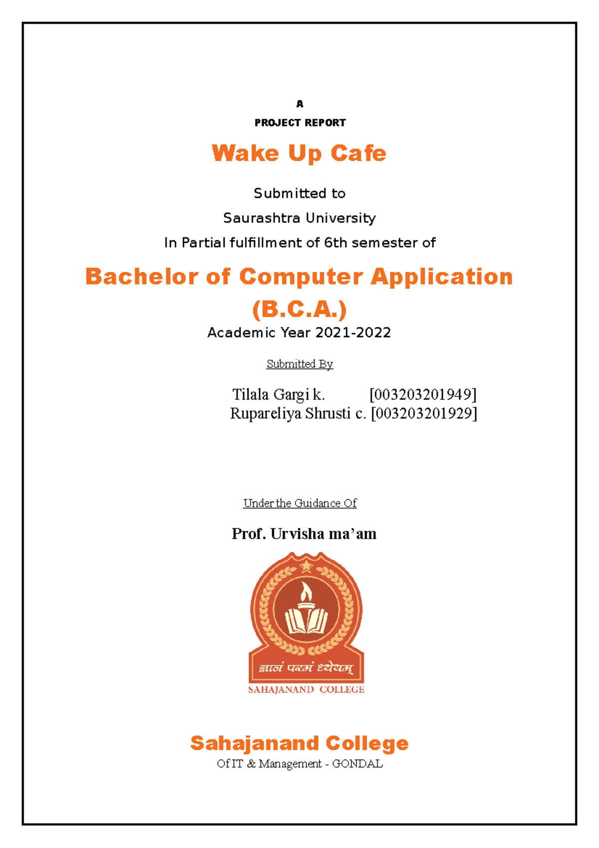 Wake Up Cafe Project Report - BCA 6th Sem Submission - Studocu