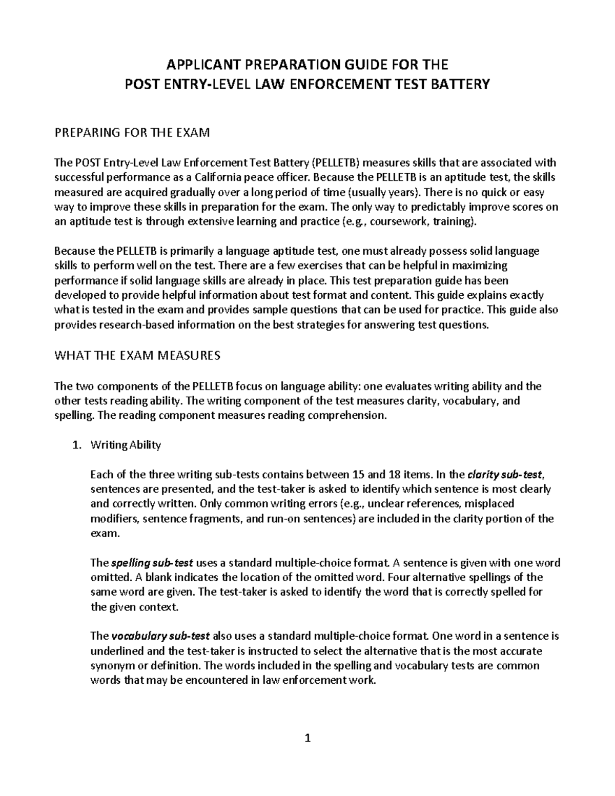 Applicant Prep Guide for POST Law Enforcement Test Battery (PELLETB ...