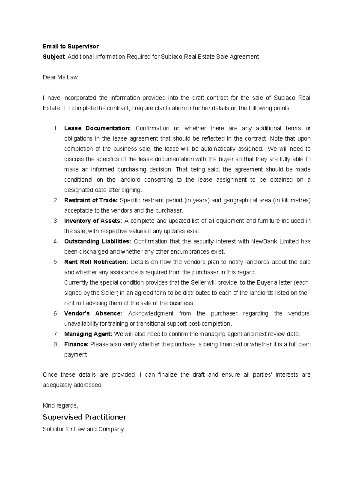 Email to supervisor - Email to Supervisor Subject: Additional ...