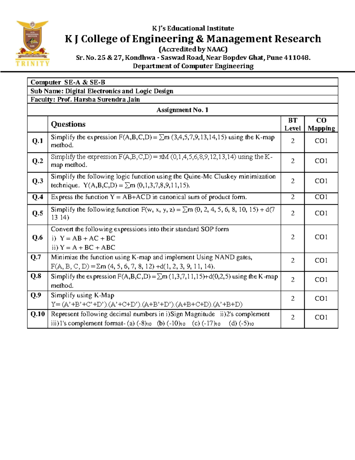 DELD Assignment 1 - Computer SE-A & SE-B Sub Name: Digital Electronics ...
