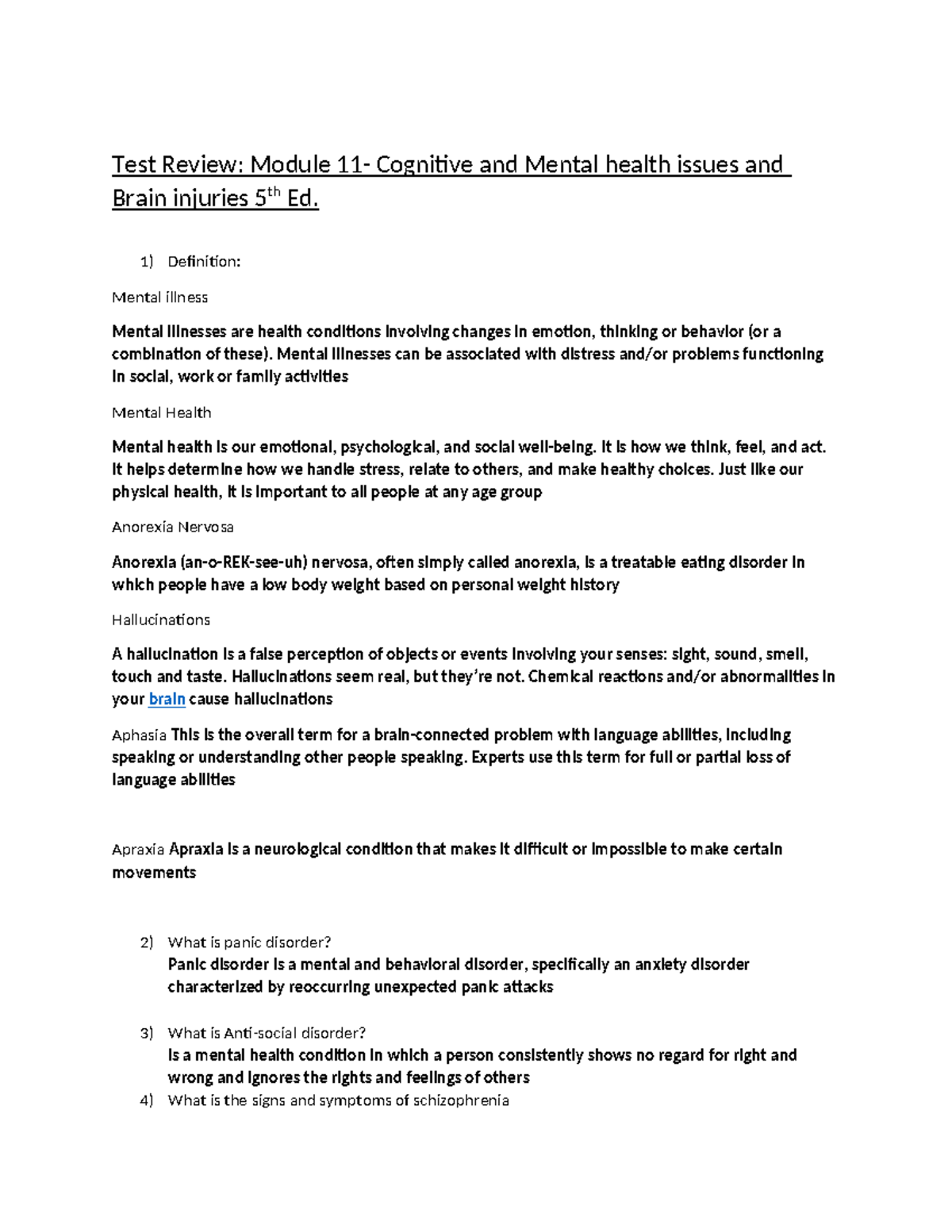 Module 11 Test Review: Cognitive & Mental Health Issues, Brain Injuries ...