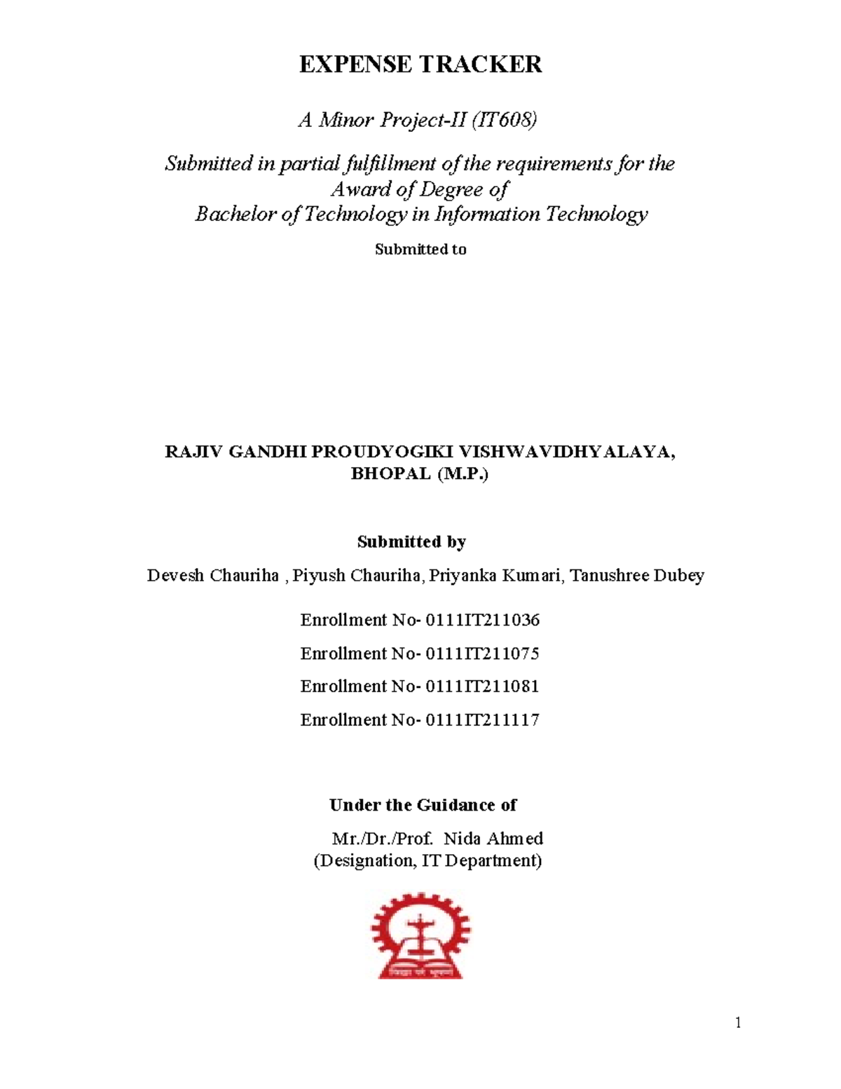 Expense Tracker - Minor Project II (IT608) Synopsis and Report - Studocu