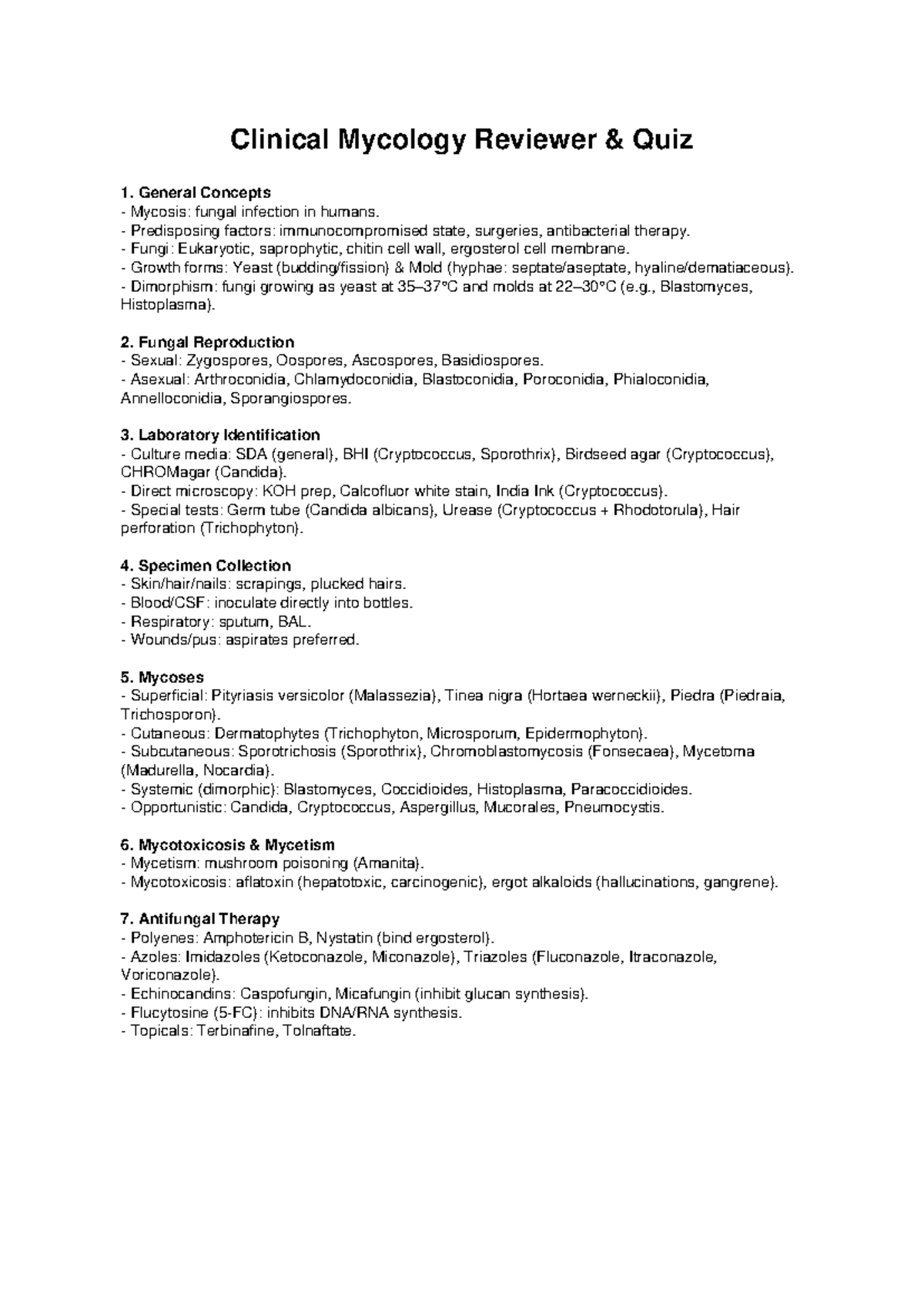 Clinical Mycology Quiz 1: General Concepts & Fungal Infections - Studocu
