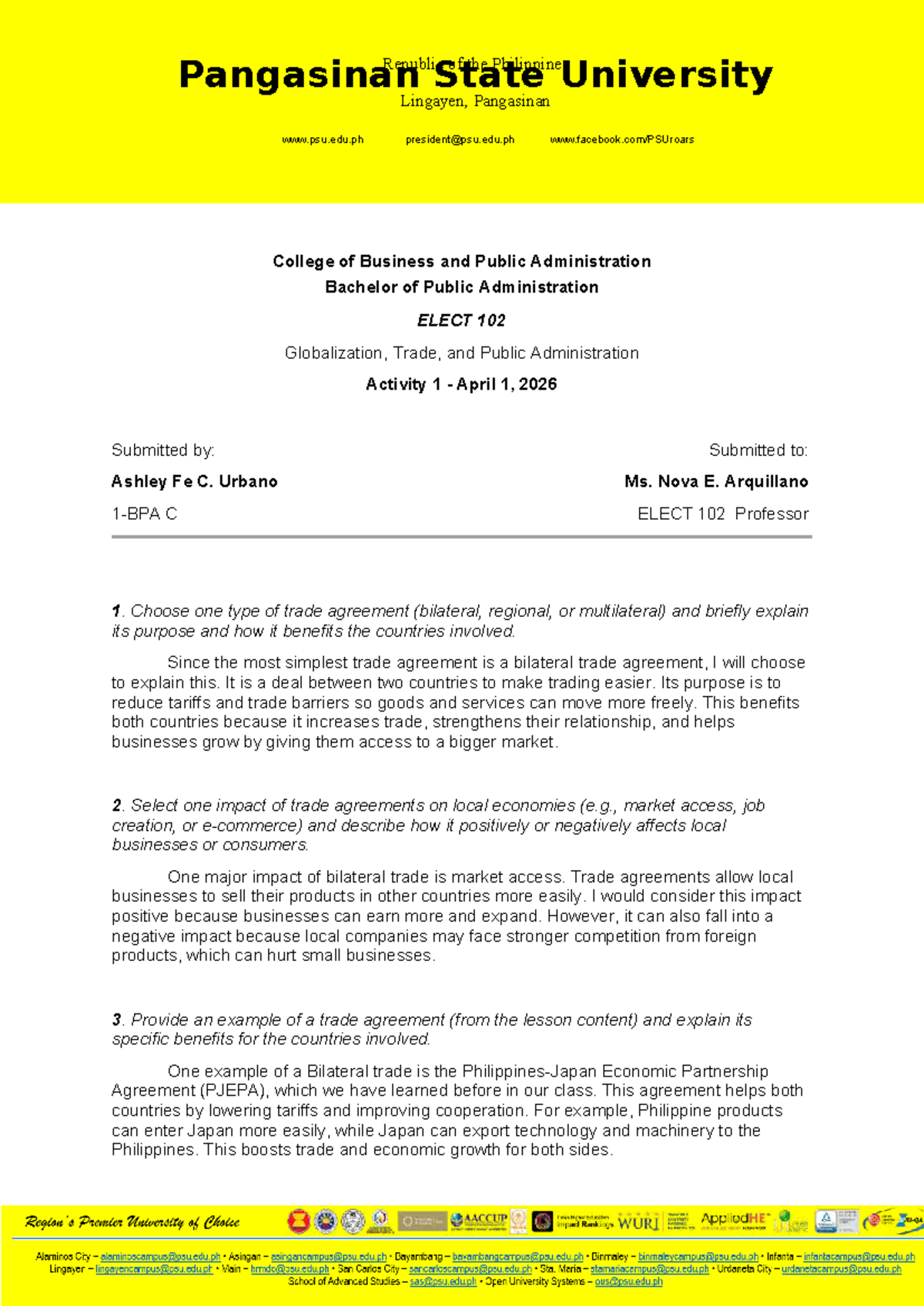 ELECT 102 Activity 1: Bilateral Trade Agreements Explained - Studocu
