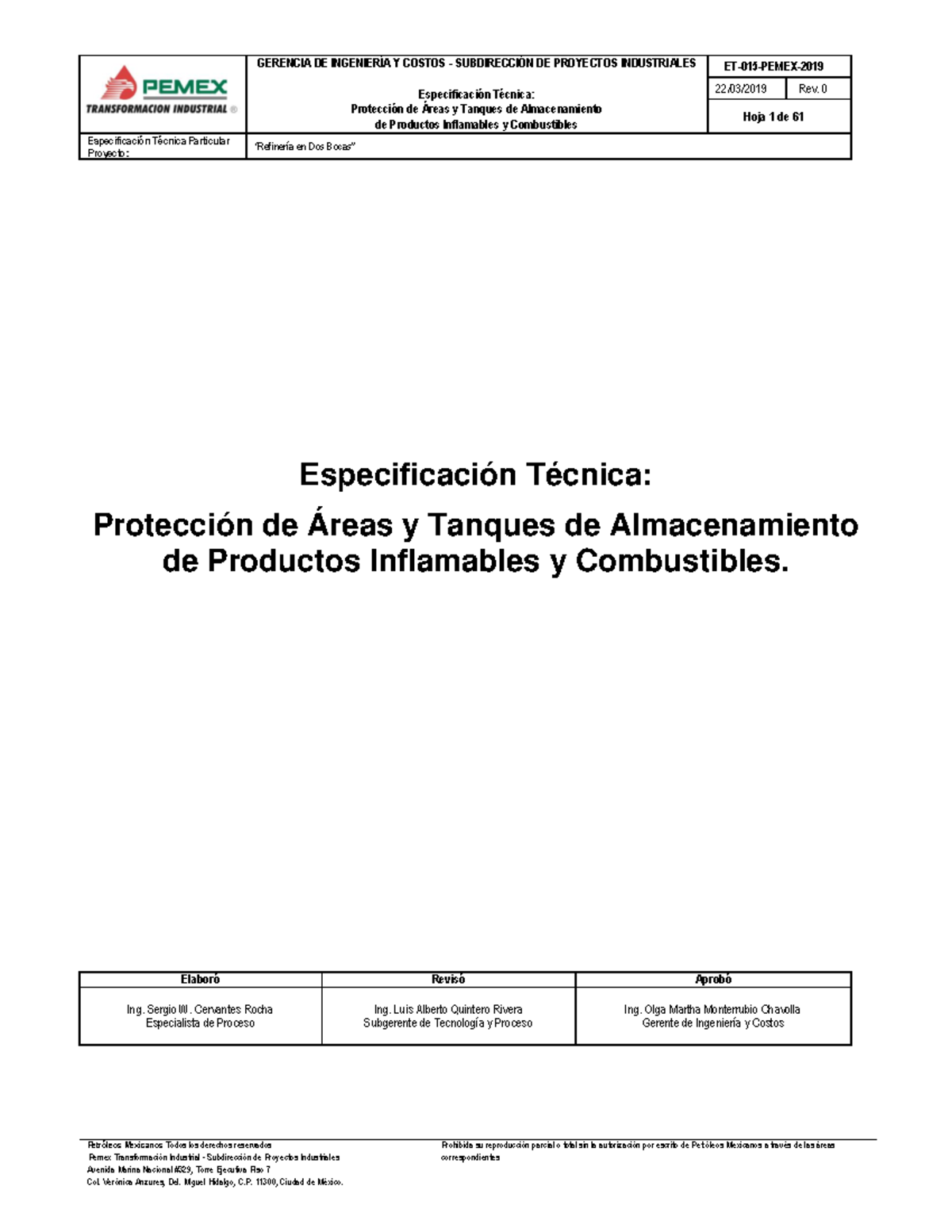 ET-015-PEMEX-2019 Especificación Técnica: Protección de Áreas y Tanques - Document Preview