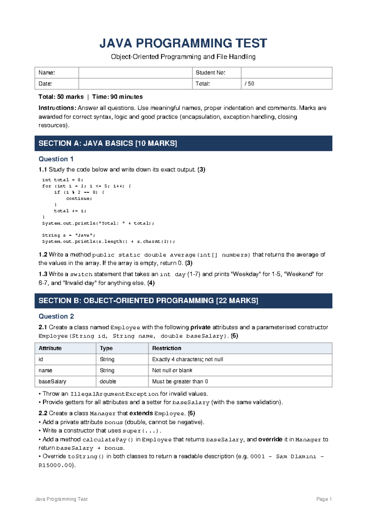 JAVA PROGRAMMING TEST: Programming & File Handling (Total: 50 Marks ...