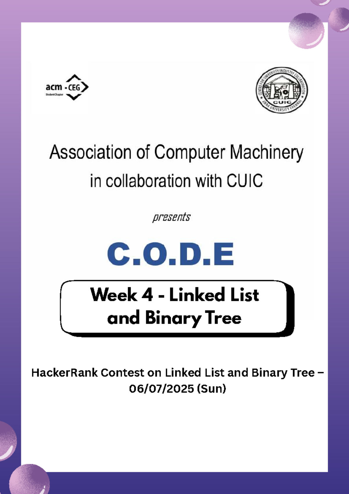 C.O.D.E - 4. Linked List and Binary Tree - HackerRank Contest on Linked ...