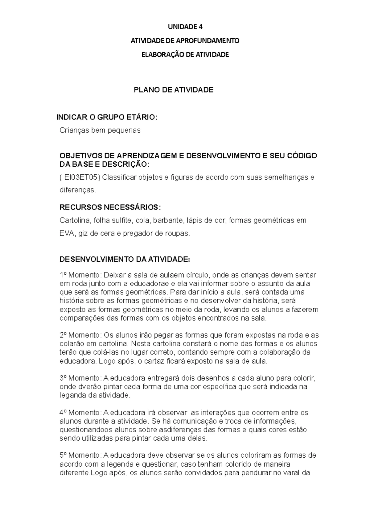 Prática de Ensino em Educação Infantil - Modelo Atividade III - Plano ...