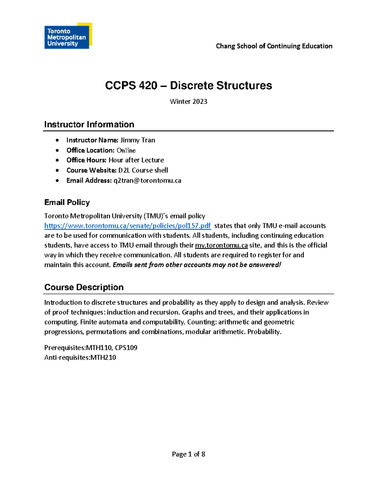 CCPS420 Course Outline and Important Info for W2024 - Studocu