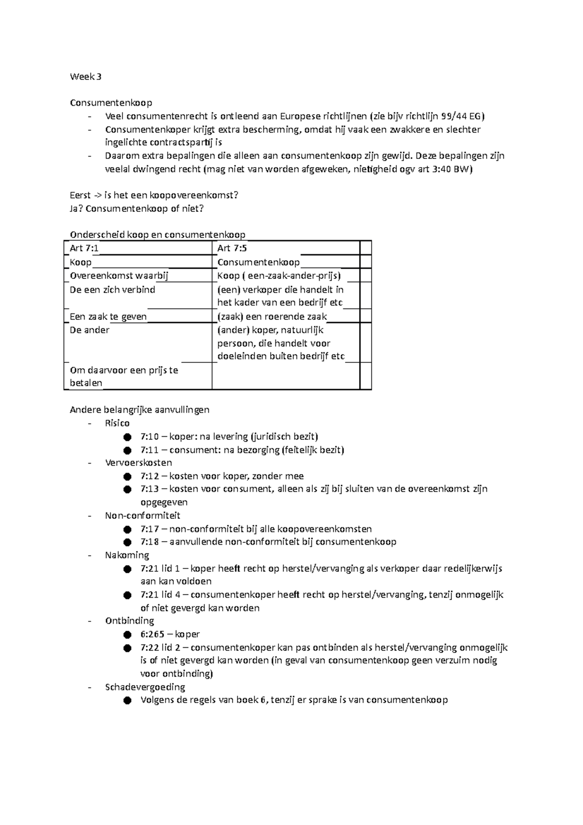 Week 3: Consumentenkoop en Bijzondere Overeenkomsten Uitleg - Studeersnel