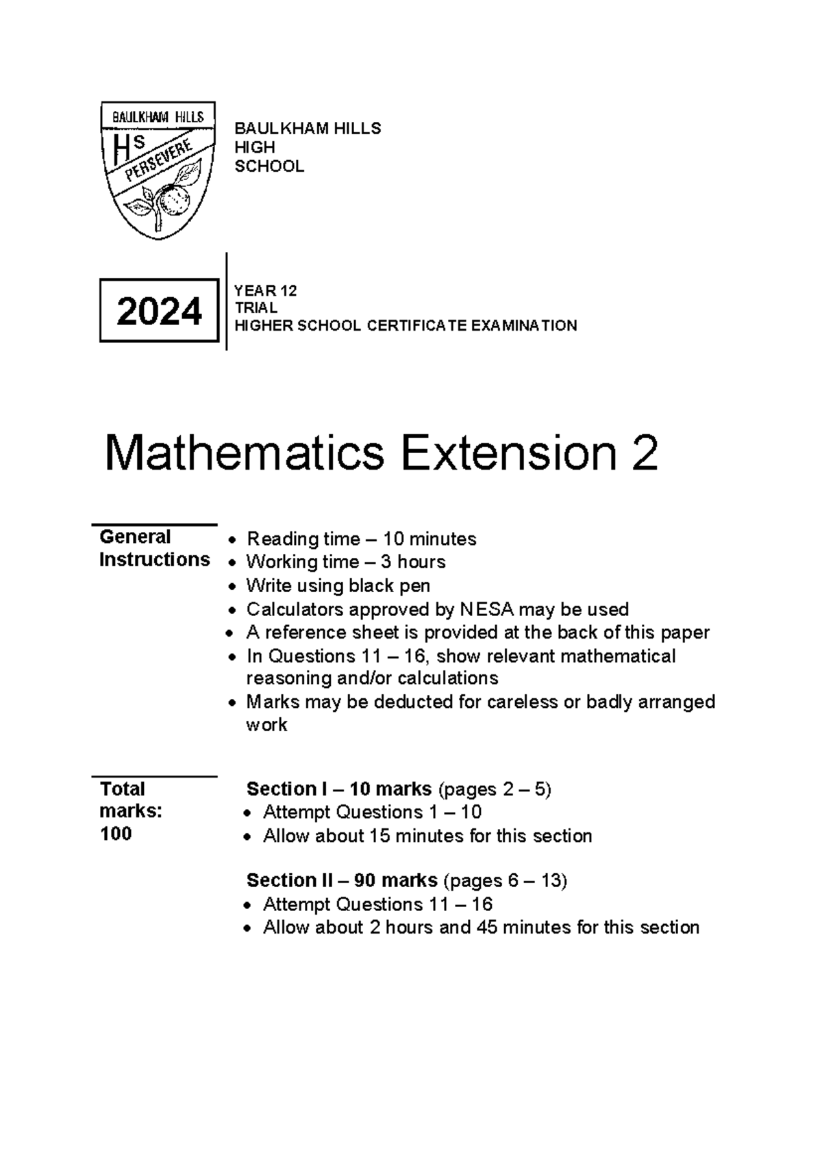 2024 BAULKHAM HILLS HIGH SCHOOL Year 12 Trial HSC Mathematics Ext 2 ...