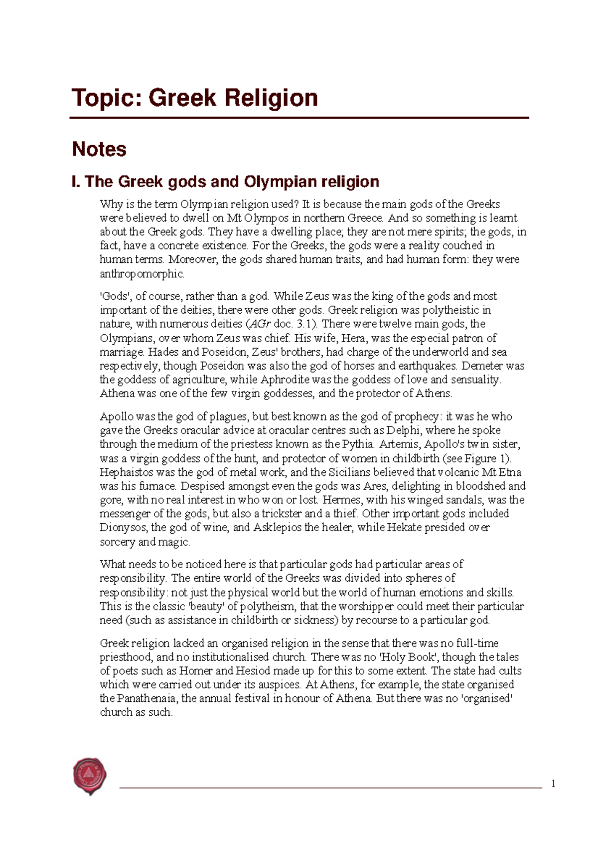 ANCH 110 Greek Religion Study Notes: Gods, Practices, and Beliefs - Studocu