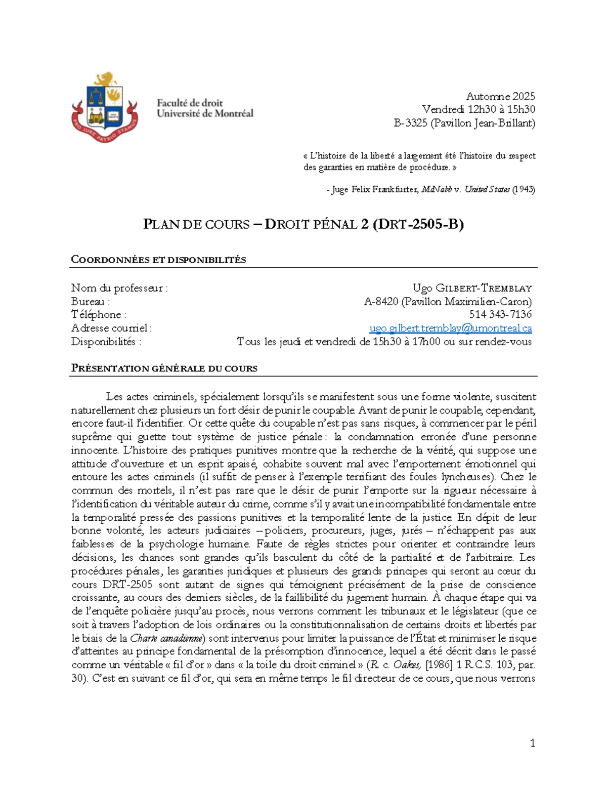 Plan de Cours Droit Pénal 2 - Automne 2025 (A2025) - Studocu