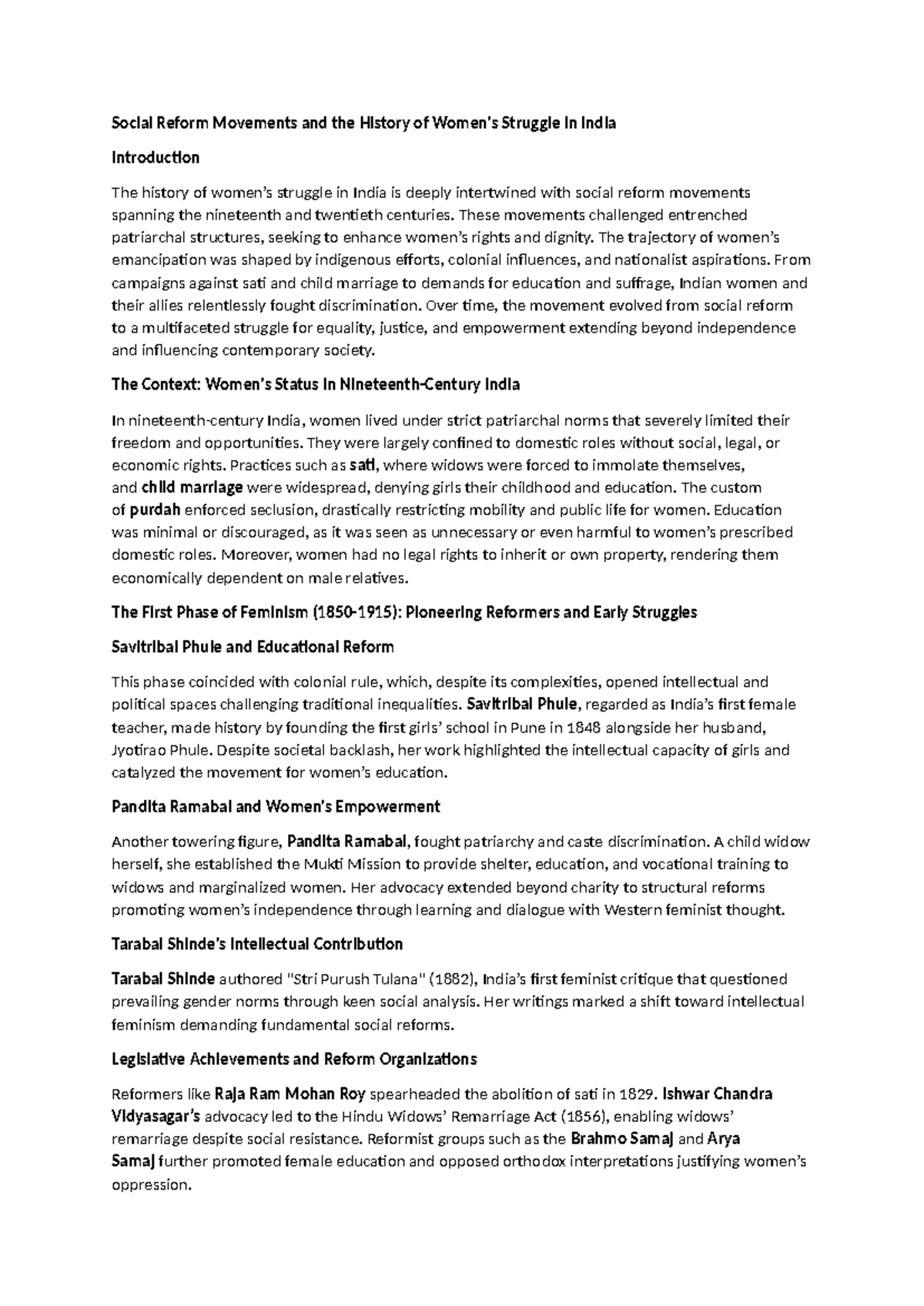 Feminism Notes: Social Reform Movements in India's Struggle for ...