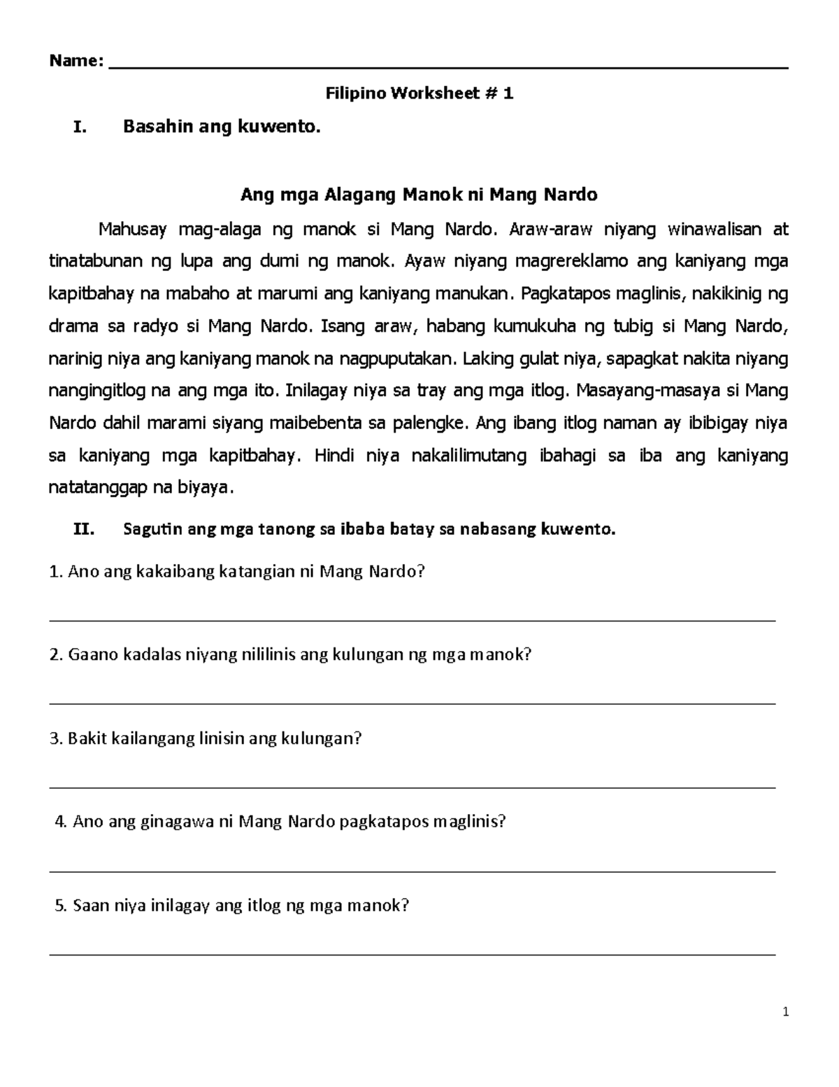 Filipino Worksheets: Reading Comprehension & Activities - Studocu