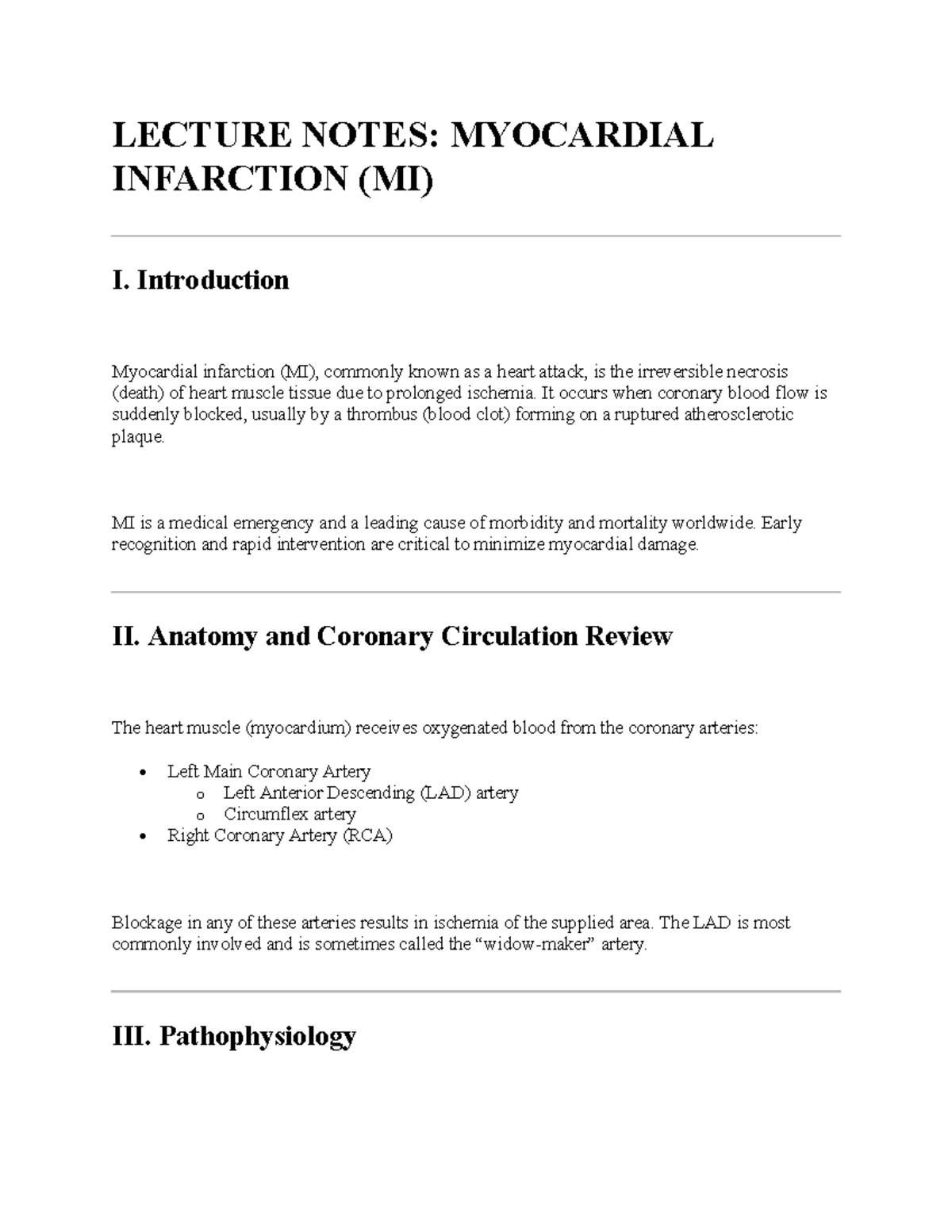 LECTURE NOTES: MYOCARDIAL INFARCTION (MI) OVERVIEW AND MANAGEMENT - Studocu