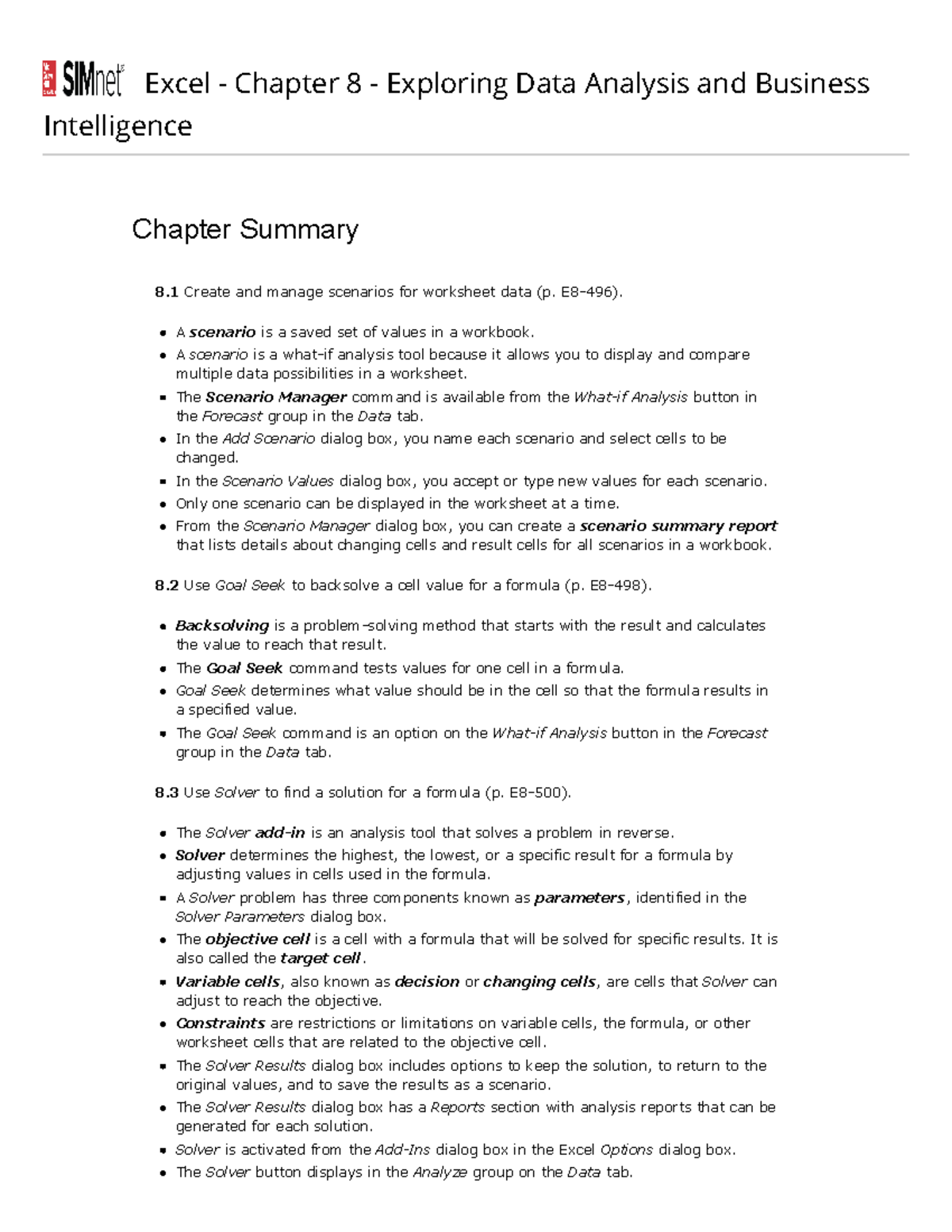 Excel Chapter 8 Summary: Data Analysis & Business Intelligence - Studocu