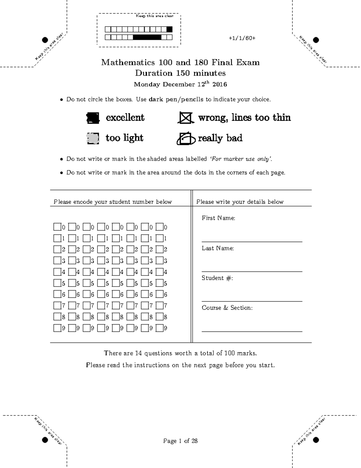 100+180 2016 WT1 - Practice for Math 100a final - ####### K e e p t h i ...