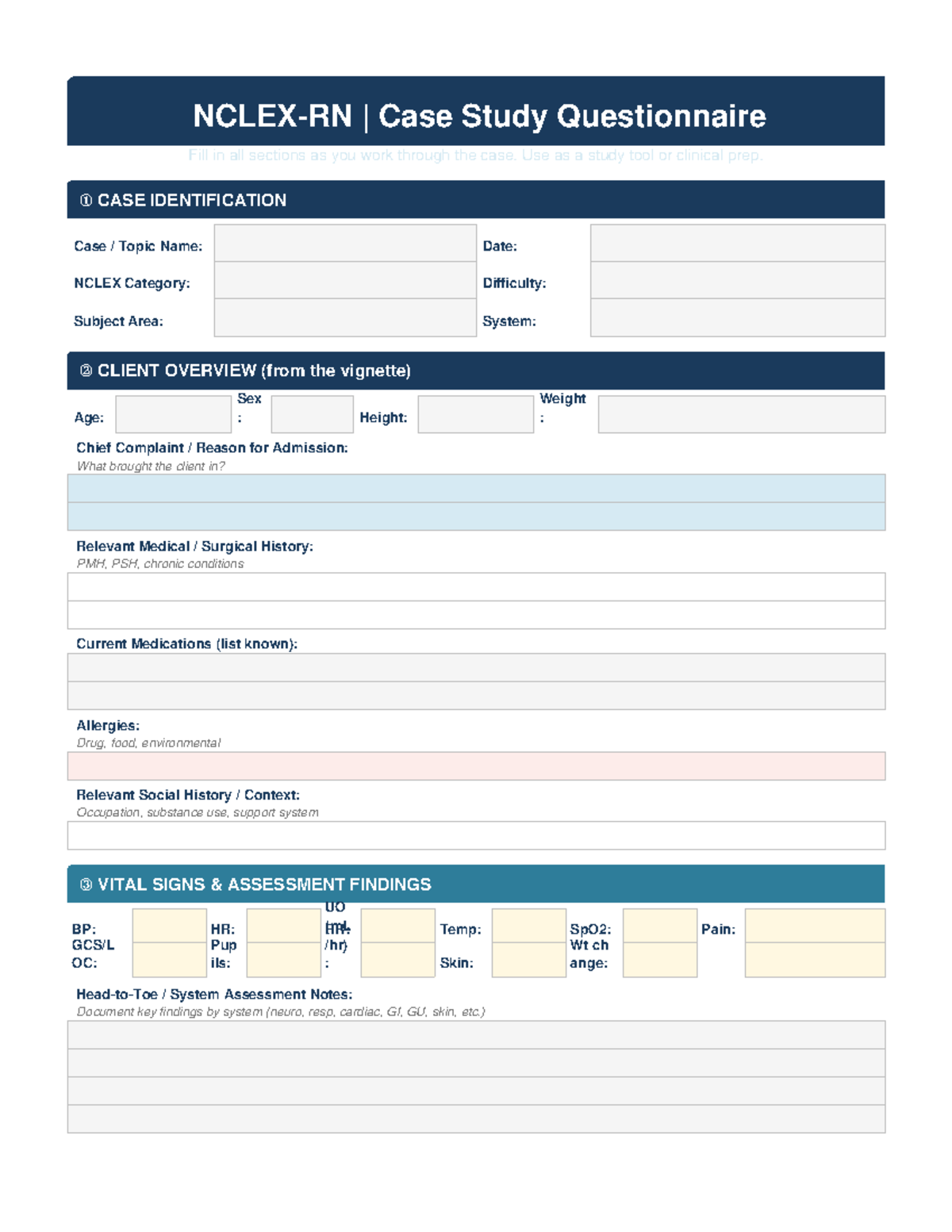 NCLEX Case Study Template: Comprehensive Questionnaire Guide - Studocu