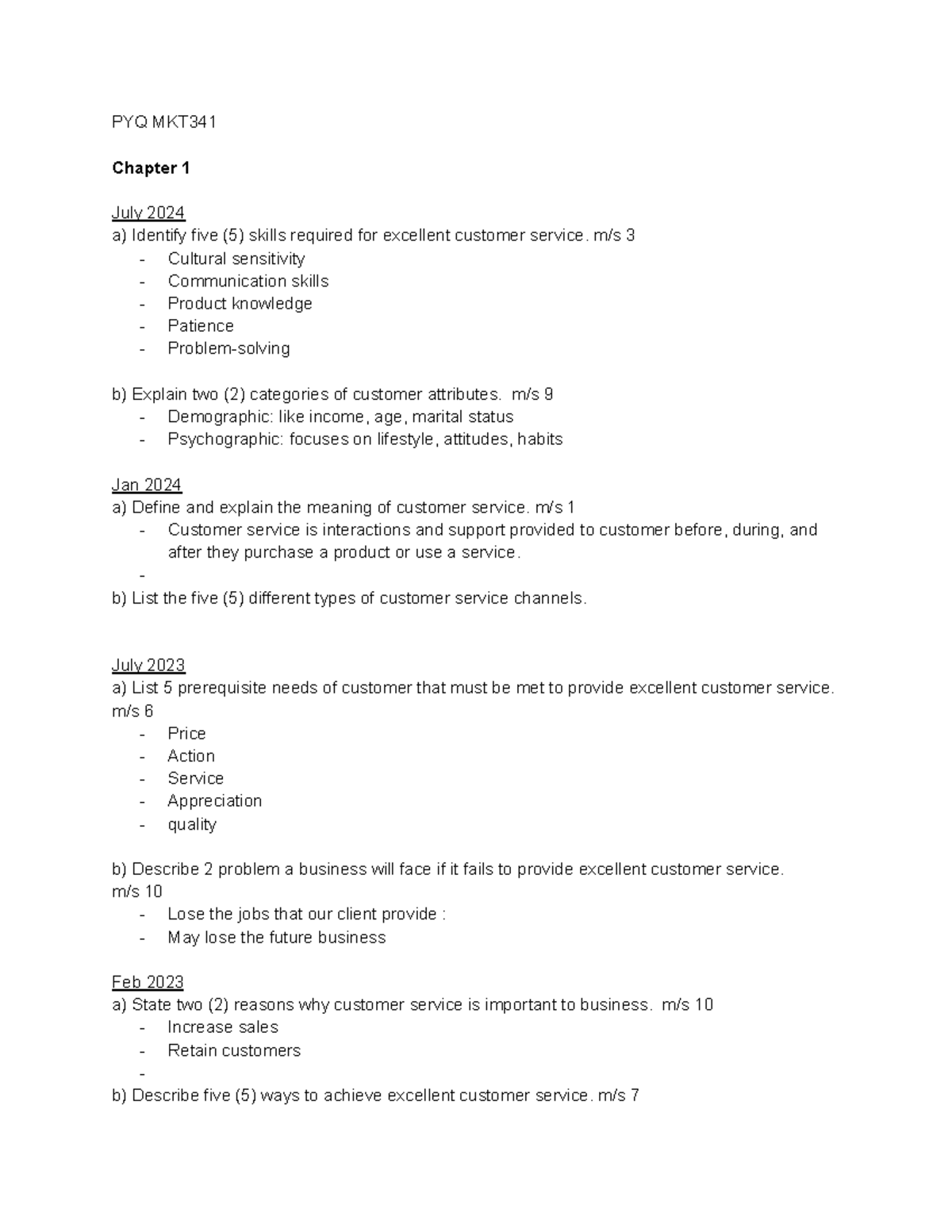 PYQ MKT341 - Customer Service Skills and Strategies Overview - Studocu