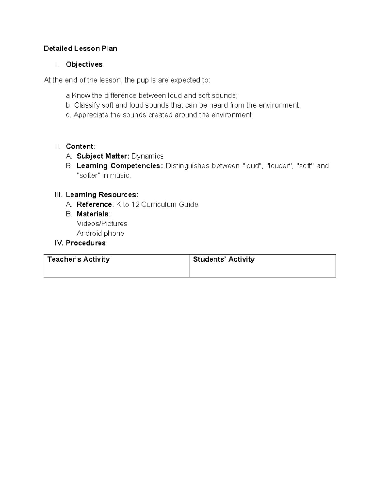 Detailed Lesson Plan I: Understanding Loud and Soft Sounds (Dynamics ...