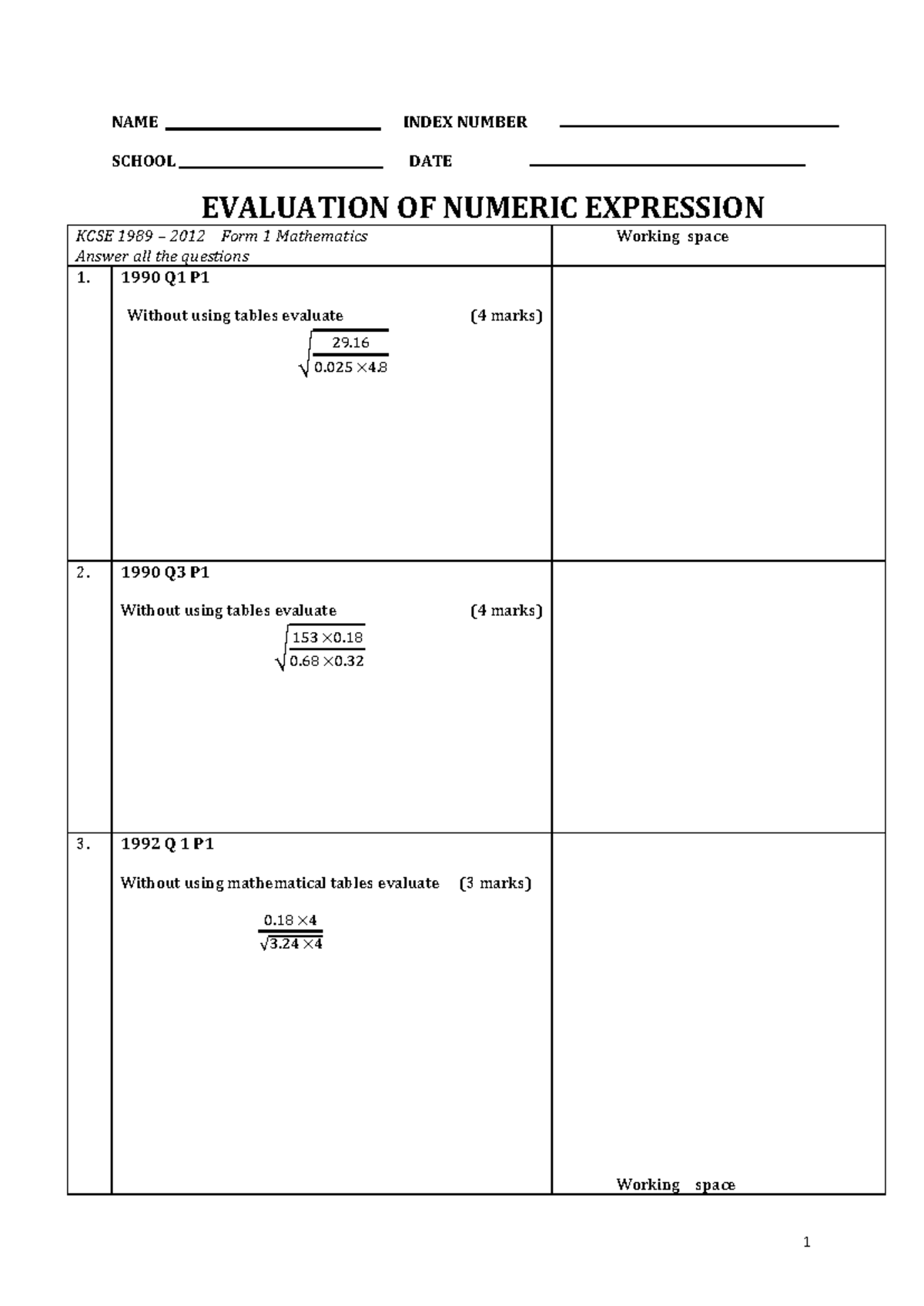 KCSE Mathematics Evaluation of Numeric Expressions (1989-2012) - Studocu