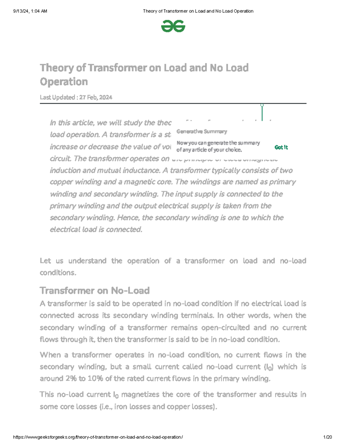 Theory of Transformer: Load vs No Load Operation Explained - Studocu