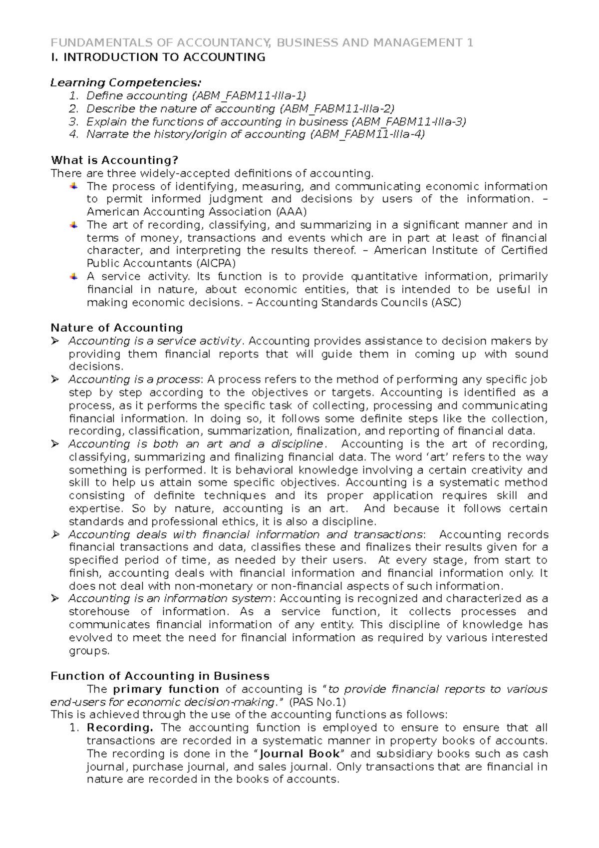 FABM1 - Comprehensive Overview of Introduction to Accounting - Studocu