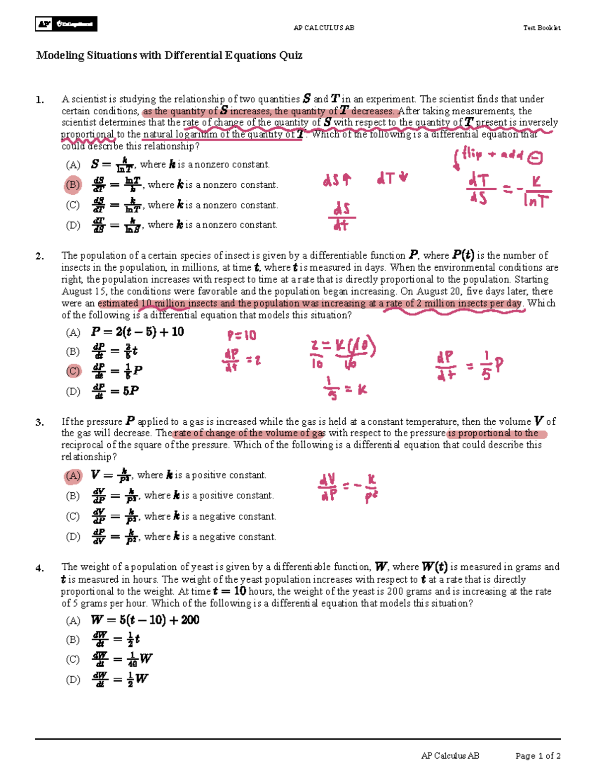 AP CALCULUS AB Quiz 1: Modeling Situations with Differential Equations ...