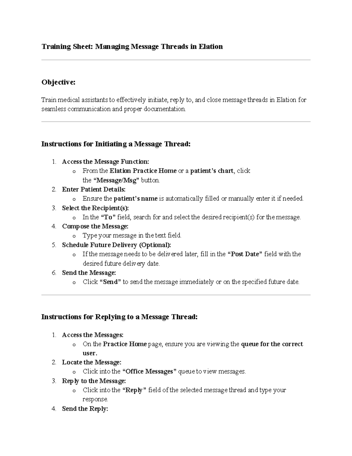 Training Sheet: Managing Message Threads in Elation for MAs - Studocu