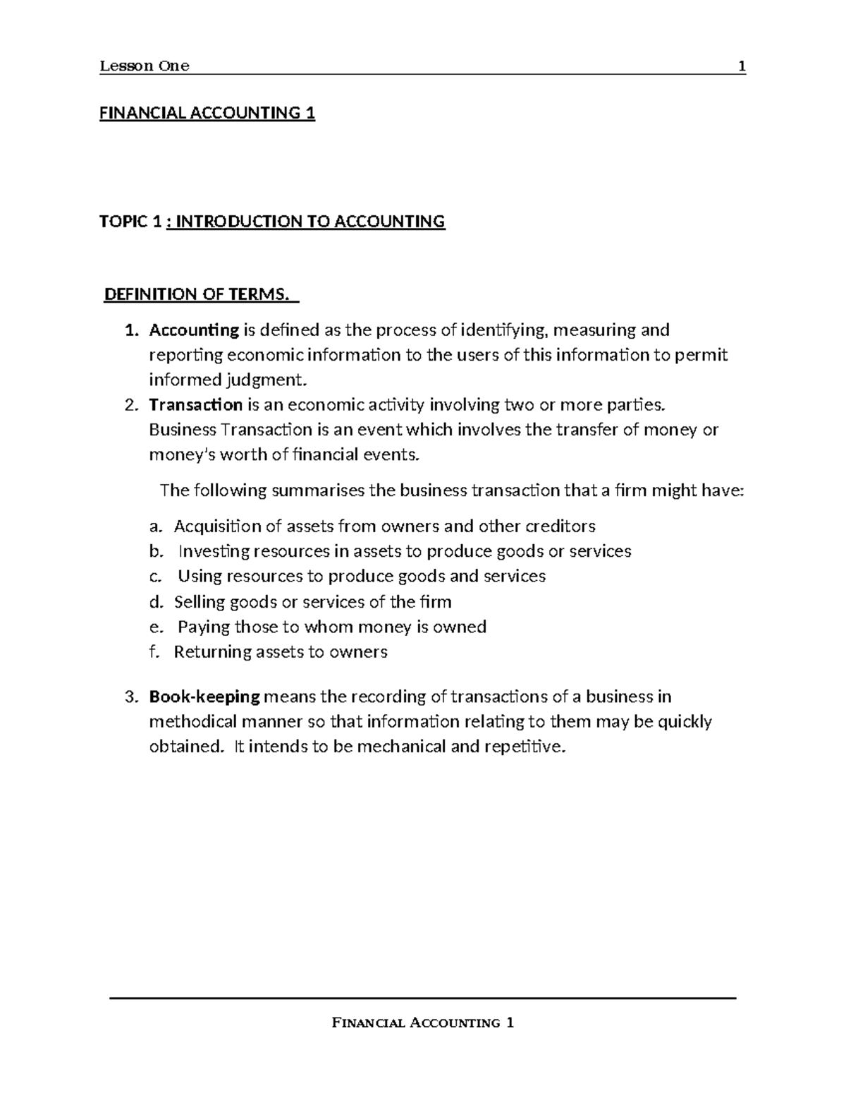 FA 1 - Summary of Topic 1: Introduction to Accounting Concepts - Studocu
