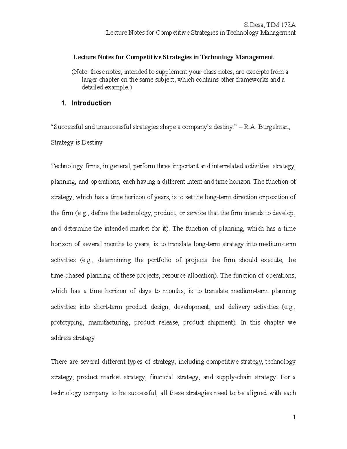 Lecture Notes on Competitive Strategies in Technology Management - Studocu