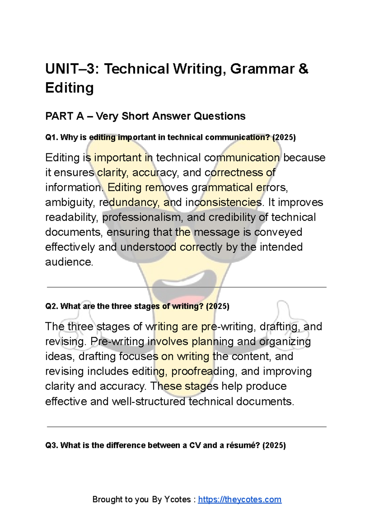 Technical Writing & Editing: Very Short Answer Questions (2025) - Studocu
