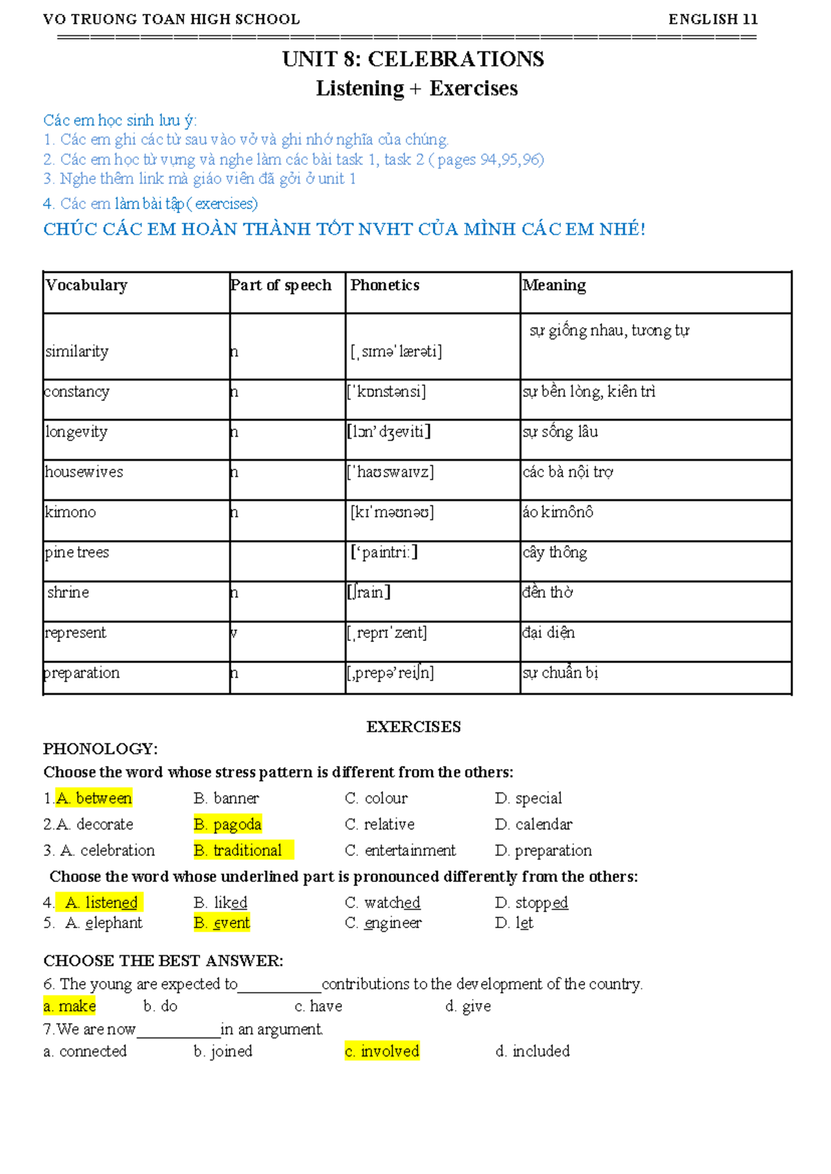 E11-UNIT 8 - Listening Exercises (WEEK 14) - Vocabulary & Tasks - Studocu
