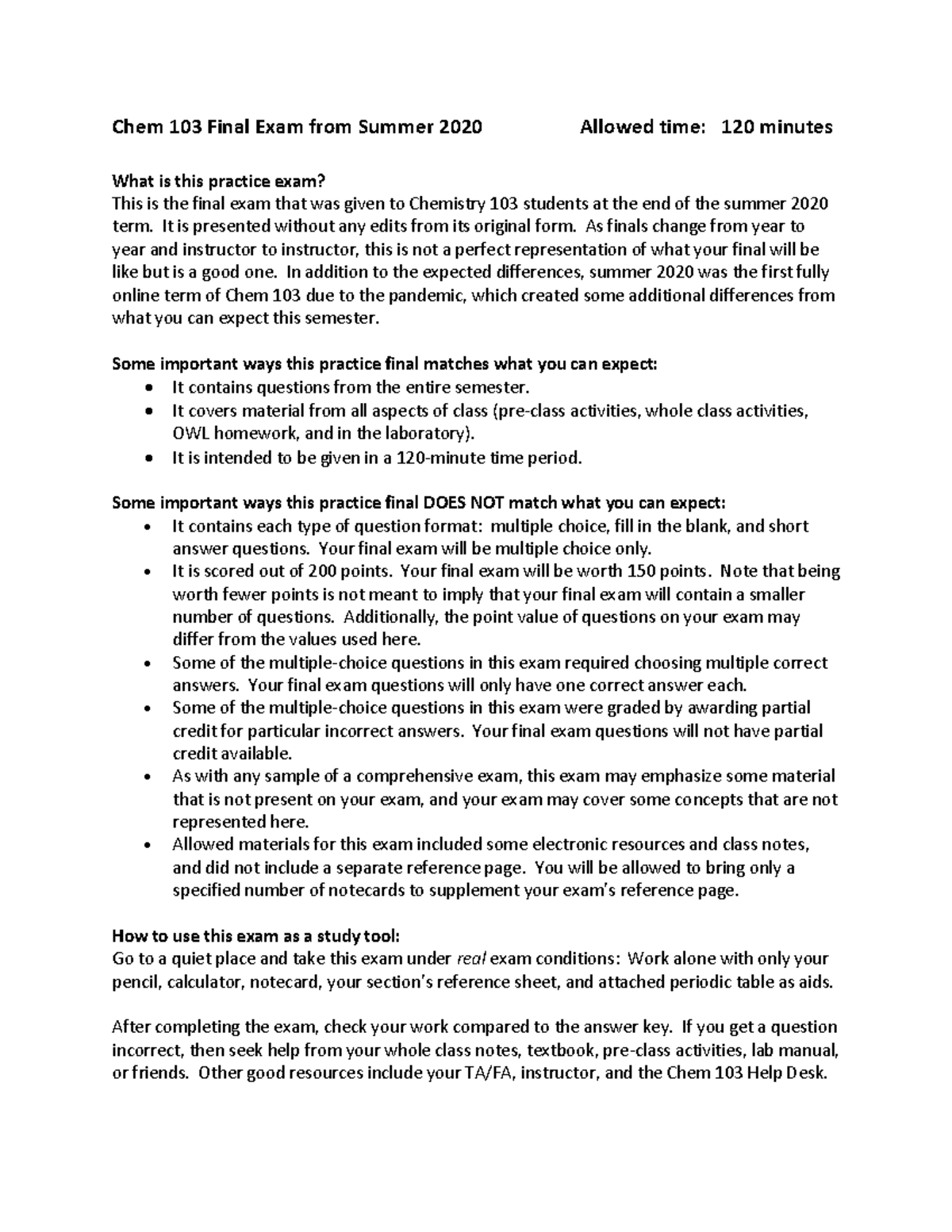 Chem 103 Practice Final Exam - Summer 2020 Review - Studocu