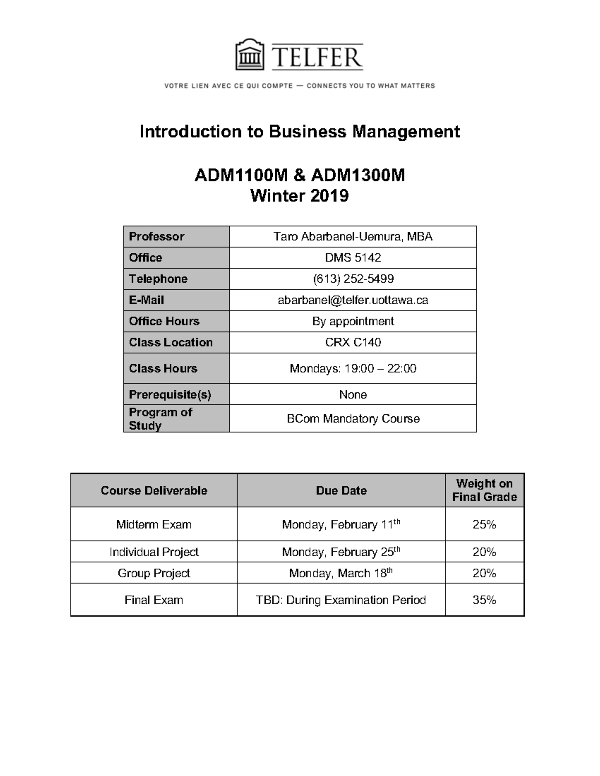 ADM 1100- Syllabus for Introduction to Business Management - Winter ...