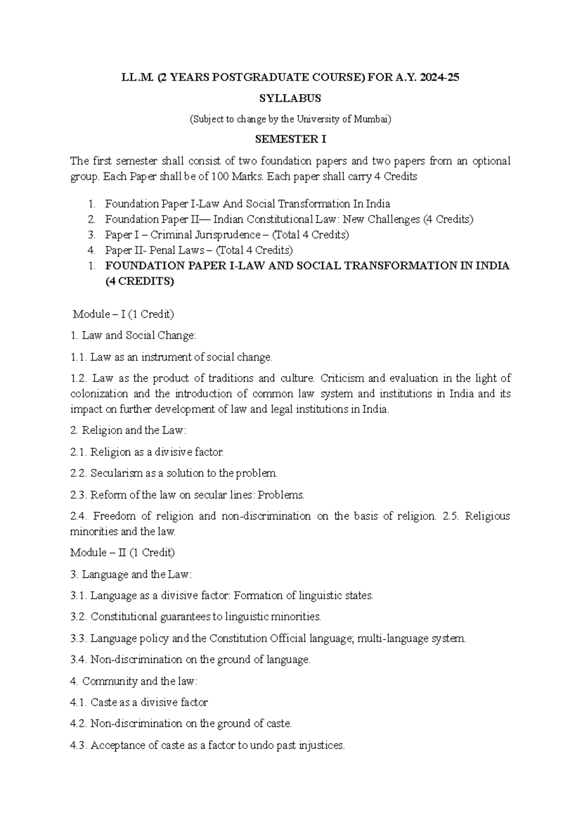 LL.M. (2 YRS) SEM I & II SYLLABUS: CRIMINAL LAW & ADMINISTRATION - Studocu